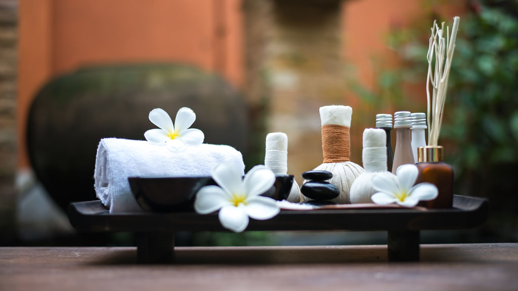 Spa massage compress balls, herbal ball on the wooden with treaments spa , Thailand, select focus